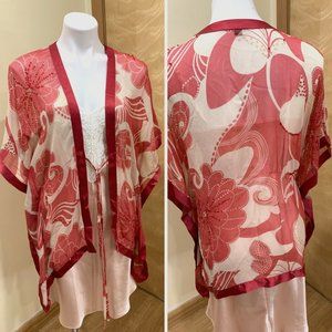 Bebe cream/red sheer silk kimono with sequins size M
